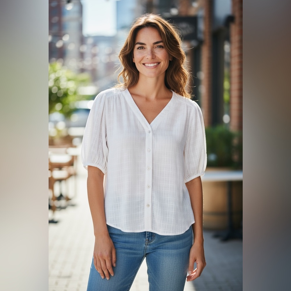 Westbound White V-Neck Button Front Puff Sleeve Blouse
